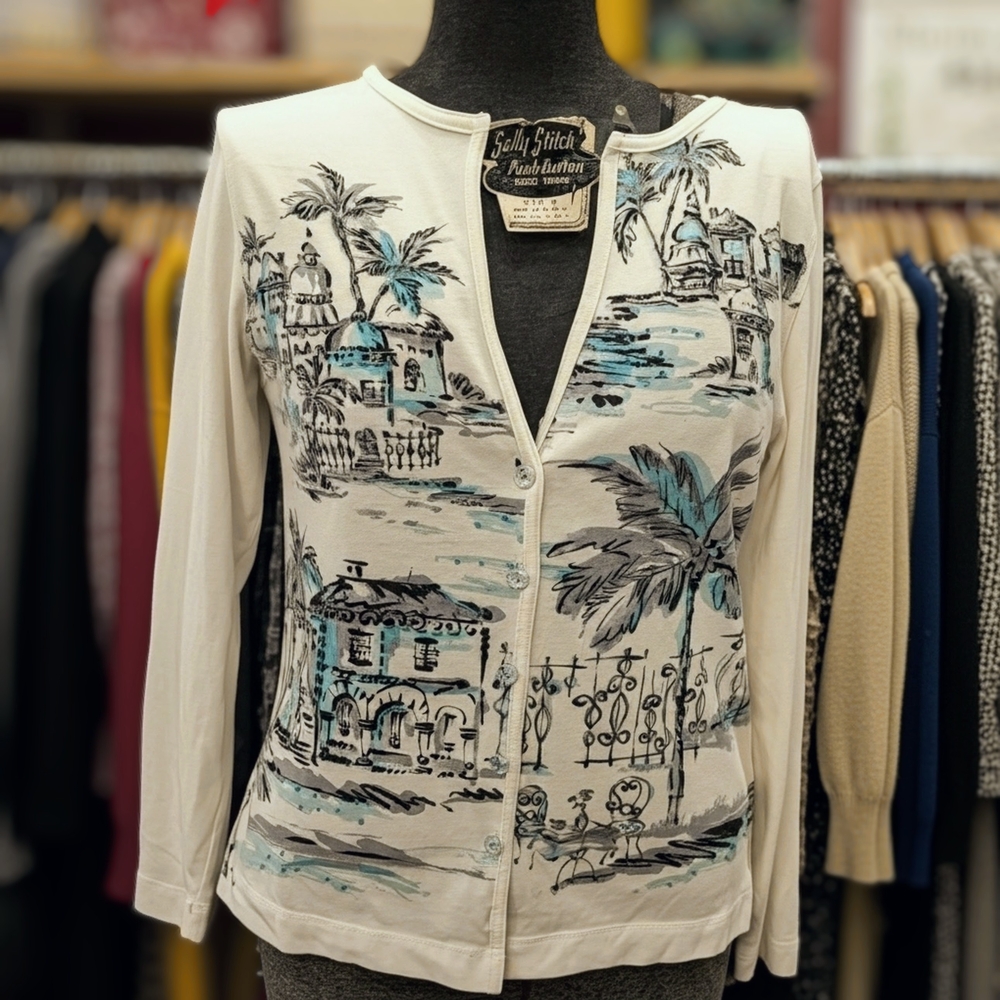 Scenic Print Button-Front White Cotton Long Sleeve Tee In Teal & Black Size M//L